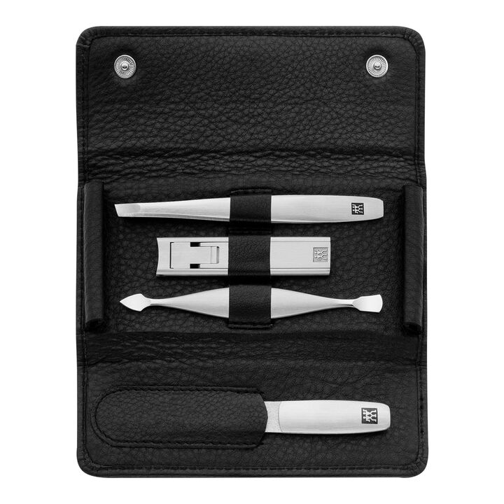 PREMIUM, 4-pc, Leather Manicure Pedicure Set With Compact Nail Clippers, Black Matte, large 1