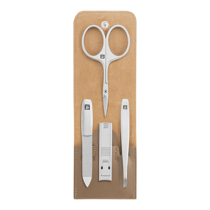 PREMIUM, 4-pc, Leather Manicure Pedicure Set With Compact Nail Clippers, Taupe, large 1